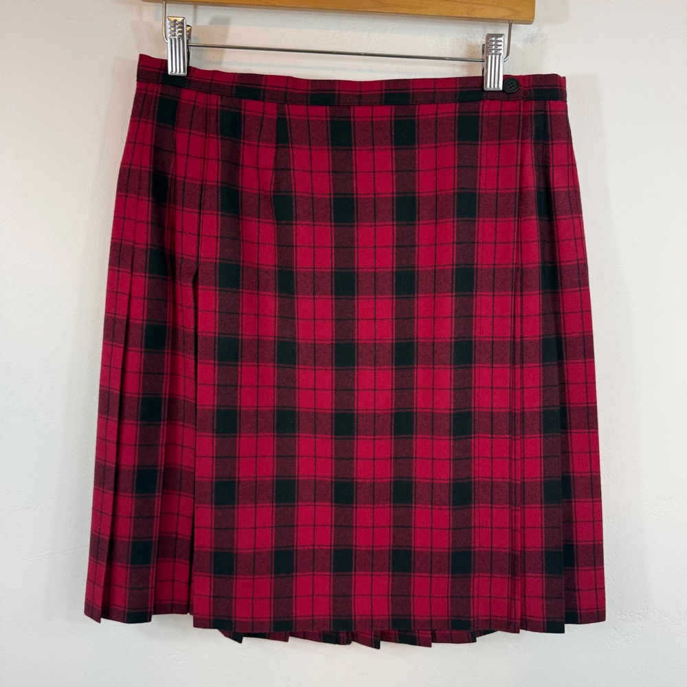 Vintage Laura Ashley Wool Plaid Pleated Skirt US 12 Red Tartan Academia Kilt